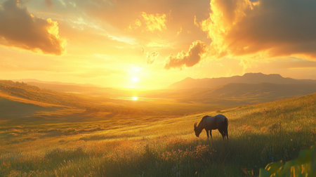 A breathtaking sunrise casts a warm glow over rolling hills, featuring a lone horse grazing peacefully in a lush, green meadow. Ideal for nature lovers.の素材