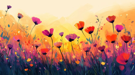 This captivating abstract artwork showcases a field of colorful flowers under a warm sunset sky, evoking feelings of serenity and beauty.の素材