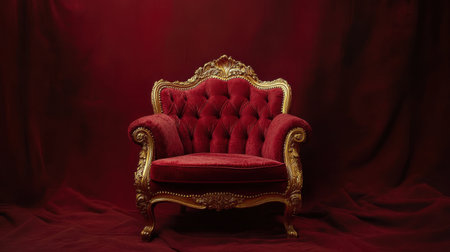 This striking image features a sumptuous red velvet armchair adorned with intricate gold detailing, set against a rich red background, ideal for showcasing elegance in interior settings.の素材