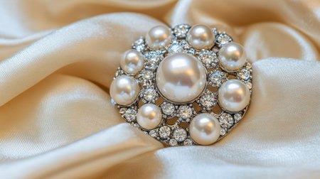 This exquisite image features an elegant pearl brooch resting on rich satin fabric. The intricate design highlights the beauty of pearls and sparkles.の素材