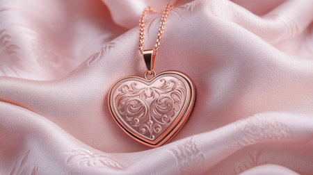 This beautiful rose gold heart pendant necklace rests elegantly on soft pink silk fabric, capturing a perfect blend of romance and luxury for gifts.の素材