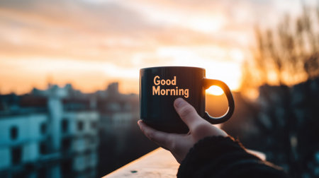 A cozy moment captured with a hand holding a mug with "Good Morning" text against a stunning sunrise backdrop in an urban setting. Perfect for inspiration.の素材