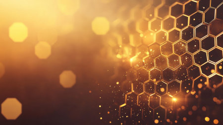 This stunning abstract image features a golden honeycomb pattern set against a background of blurred lights and sparkles, creating a warm and inviting atmosphere.の素材