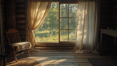A serene cabin interior featuring a sunlit window and beautiful nature view, creating a warm and inviting atmosphere perfect for relaxation.の素材