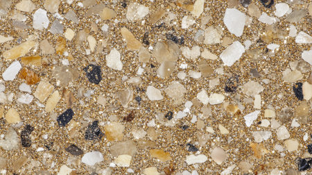 This image showcases a detailed close-up of a multi-colored aggregate stone surface, highlighting its unique mineral composition and natural textures.の素材
