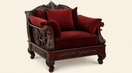An elegant red armchair featuring intricate wood carvings and plush cushions, perfect for enhancing the aesthetic of any living space with luxury and comfort.の素材