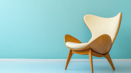 This image features a stylish modern chair with a wooden frame and soft upholstery, elegantly placed against a soothing blue wall, ideal for contemporary decor.の素材