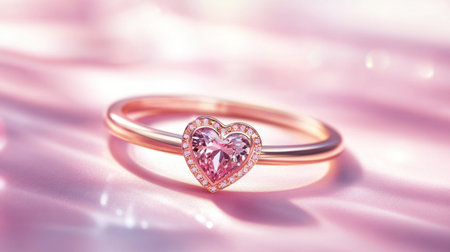 A stunning heart-shaped pink gemstone ring sits elegantly against a soft pink background, showcasing beautiful sparkle and charm, perfect for romantic gifts.の素材