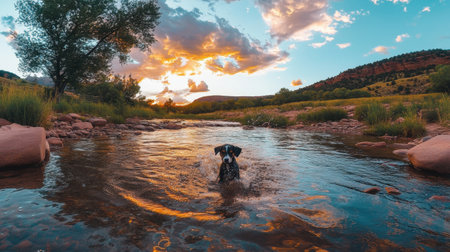 A cheerful dog splashes joyfully in a serene river, surrounded by breathtaking nature as the sun sets behind colorful clouds and mountains.の素材