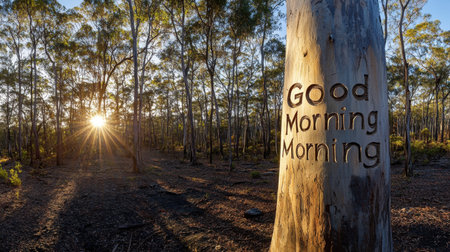 A serene forest scene featuring a tree with an inspiring morning greeting carved into its bark, illuminated by the warm sunlight of dawn.の素材