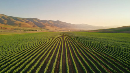A mesmerizing aerial view of a lush green agricultural landscape showcasing rows of crops stretching towards the horizon, framed by rolling hills under a clear sky.の素材