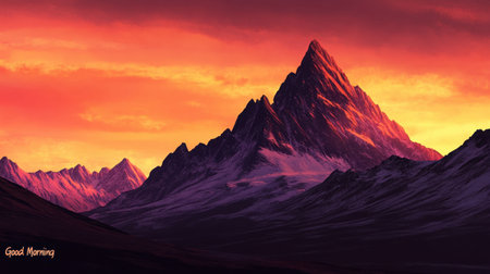 Experience the breathtaking beauty of a majestic mountain landscape at sunrise, showcasing vibrant colors and dramatic peaks in the serene outdoors.の素材