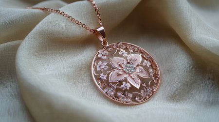 This stunning rose gold floral pendant necklace showcases intricate details and a sparkling gemstone, elegantly displayed against soft fabric for a luxurious feel.の素材