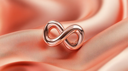 This stunning image features a rose gold infinity symbol resting elegantly on soft coral silk fabric, highlighting luxury and timeless beauty.の素材