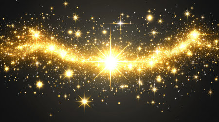 A breathtaking portrayal of a golden starburst filled with sparkling stars, creating a magical ambiance perfect for various creative projects and designs.の素材