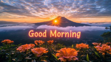 A captivating sunrise behind a majestic mountain surrounded by clouds, complemented by vibrant flowers in the foreground. An uplifting "Good Morning" message adds warmth and positivity to this beautiful nature scene.の素材