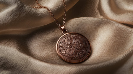 A stunning copper pendant necklace featuring a detailed floral design, elegantly placed on soft satin fabric, perfect for fashion photography and jewelry showcases.の素材