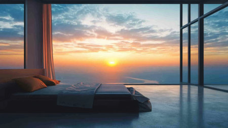 A modern bedroom with a stunning sunset view through large windows, creating a serene atmosphere perfect for relaxation and contemplation.の素材