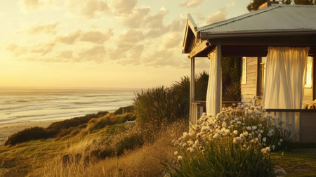 A tranquil view of a charming coastal cottage bathed in warm sunlight during sunset. The scene captures the beauty of nature with gentle ocean waves and lush greenery, creating the perfect getaway for relaxation and serenity.の素材