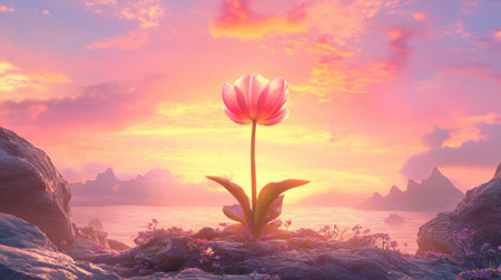 A stunning pink flower stands gracefully against a vibrant sunset, reflecting on calm waters, with majestic mountains in the background, symbolizing nature's beauty.の素材