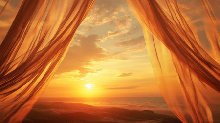 Experience a picturesque sunset viewed through delicate drapes, highlighting soft hues and a tranquil coastal landscape, perfect for relaxation and inspiration.の素材