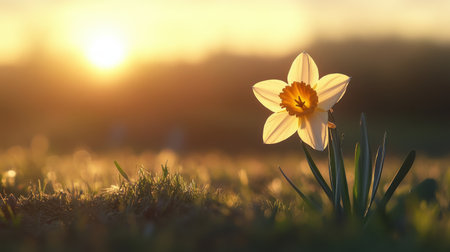 A stunning daffodil flower stands tall in the morning light, capturing the essence of spring. The warm sunlight enhances its vibrant colors and gentle beauty.の素材