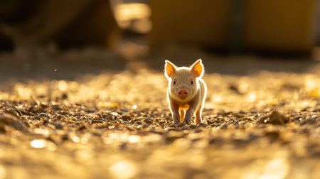 A charming piglet joyfully runs along a dusty trail on a farm, illuminated by warm golden sunlight, capturing the essence of rural life and innocence.の素材
