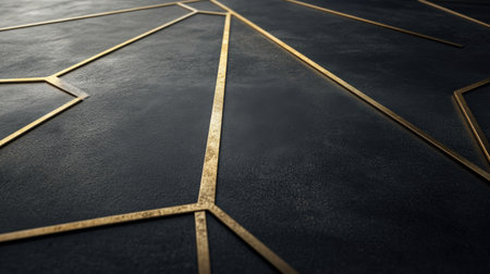 This image features a striking combination of a dark surface adorned with golden lines, creating a modern and elegant geometric pattern suitable for interior design.の素材