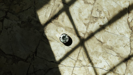A captivating closeup of a sparkling gemstone resting on a marble surface, illuminated by soft natural light, creating striking shadow patterns.の素材