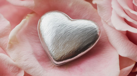 A shiny silver heart rests delicately atop soft pink rose petals, creating a romantic, charming visual perfect for love-themed projects and designs.の素材