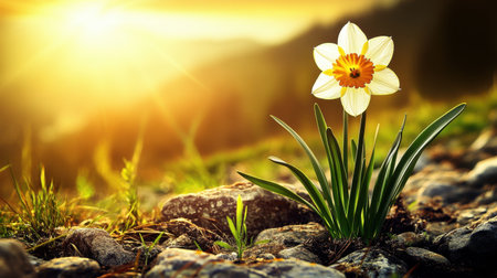 A single daffodil stands proudly on a rocky path, illuminated by soft sunlight during sunset, creating a serene and peaceful natural atmosphere.の素材