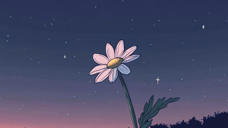 A stunning illustration of a single daisy standing tall under a starry night sky. The background blends soft pink and purple hues, creating a serene ambiance.の素材