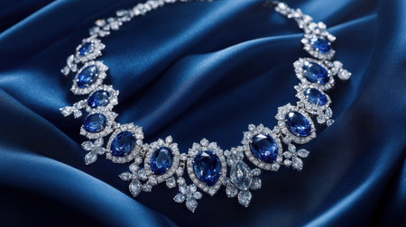 This stunning sapphire necklace exudes luxury and elegance, showcased beautifully against a rich satin background. Ideal for fashion or jewelry collections.の素材