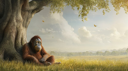 A serene scene featuring an orangutan resting peacefully under a large tree in a lush landscape filled with soft sunlight and fluttering butterflies.の素材
