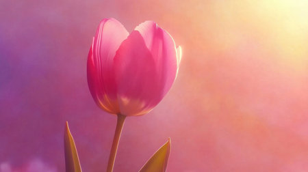 A stunning close-up image of a pink tulip against a colorful and softly blurred background. The gentle sunlight highlights the delicate petals, capturing the essence of spring beauty. Perfect for nature themes and floral designs.の素材