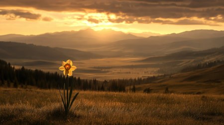 A stunning daffodil stands tall against a breathtaking sunset backdrop, illuminating the vast valley and mountains with warm golden light.の素材