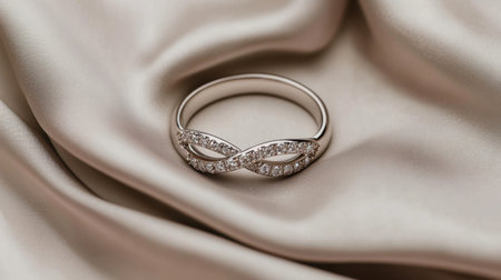 This stunning silver ring features an elegant design adorned with sparkling diamonds, resting on a luxurious satin fabric, perfect for capturing attention.の素材