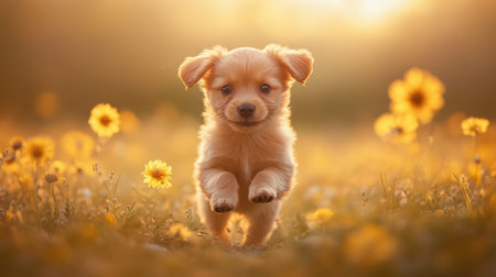 A delightful golden puppy joyfully runs through a vibrant field filled with blooming flowers under a warm sunrise. The scene captures pure happiness.の素材