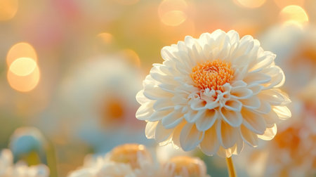 This stunning close-up captures the delicate beauty of a white flower with an orange center, set against a dreamy bokeh background. Perfect for nature themes.の素材