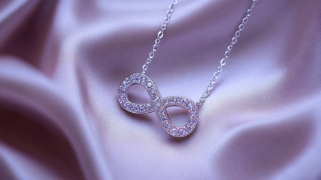 A stunning silver infinity necklace adorned with sparkling stones, elegantly resting on a soft satin fabric, perfect for showcasing style and beauty.の素材