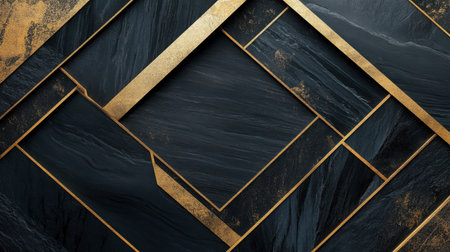 This elegant black and gold geometric pattern showcases modern design elements, perfect for luxury branding or interior decoration. The polished textures create a sophisticated atmosphere.の素材