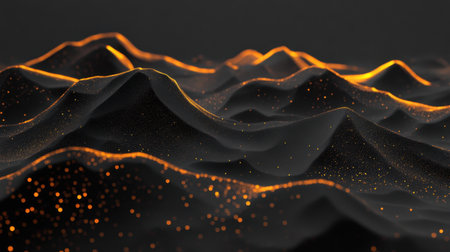 This abstract image features a striking mountain landscape in black with glowing orange highlights and sparkles, creating a visually captivating scene.の素材