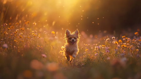 A cheerful chihuahua darts through a colorful flower field at sunset, capturing a moment of pure joy and freedom amidst soft golden light.の素材
