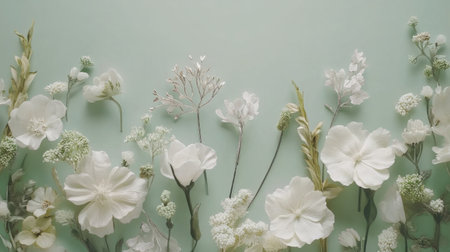 A stunning collection of white flowers arranged meticulously on a soothing green background, perfect for designs and decorative elements emphasizing elegance and nature.の素材
