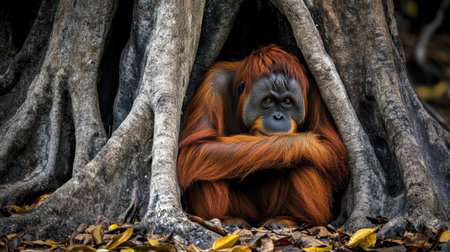 This stunning image features an orangutan perched thoughtfully among the strong roots of a tree, showcasing its vibrant fur and contemplative gaze.の素材