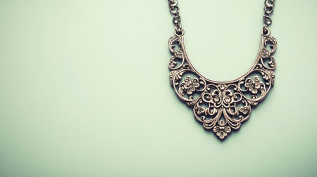 An elegant vintage necklace featuring intricate designs, placed on a soft mint background, showcasing craftsmanship and beauty in fashion jewelry.の素材