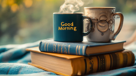 A tranquil morning scene featuring two coffee mugs with steam above them, resting on a stack of books, illuminated by soft natural light.の素材