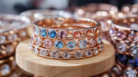 Discover a stunning collection of luxurious rose gold rings adorned with colorful gemstones, perfect for adding elegance to any outfit or occasion.の素材