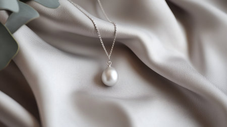 A stunning single pearl pendant gracefully drapes on soft silver fabric, accented by green leaves. Perfect for showcasing elegance and simplicity in jewelry photography.の素材