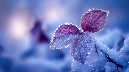 A stunning close-up of frosty leaves adorned with sparkling dewdrops captures the essence of a cold winter morning in nature.の素材
